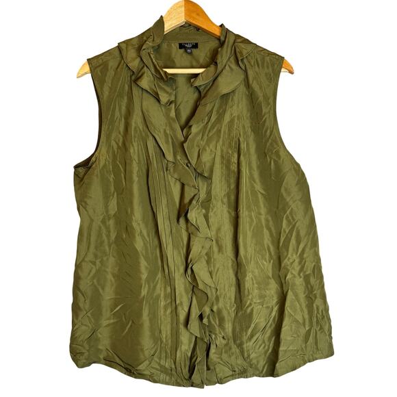 Talbots 100% Silk Blouse Womens Size 14W Ruffle Green Button Down Sleeveless Top - Picture 1 of 9